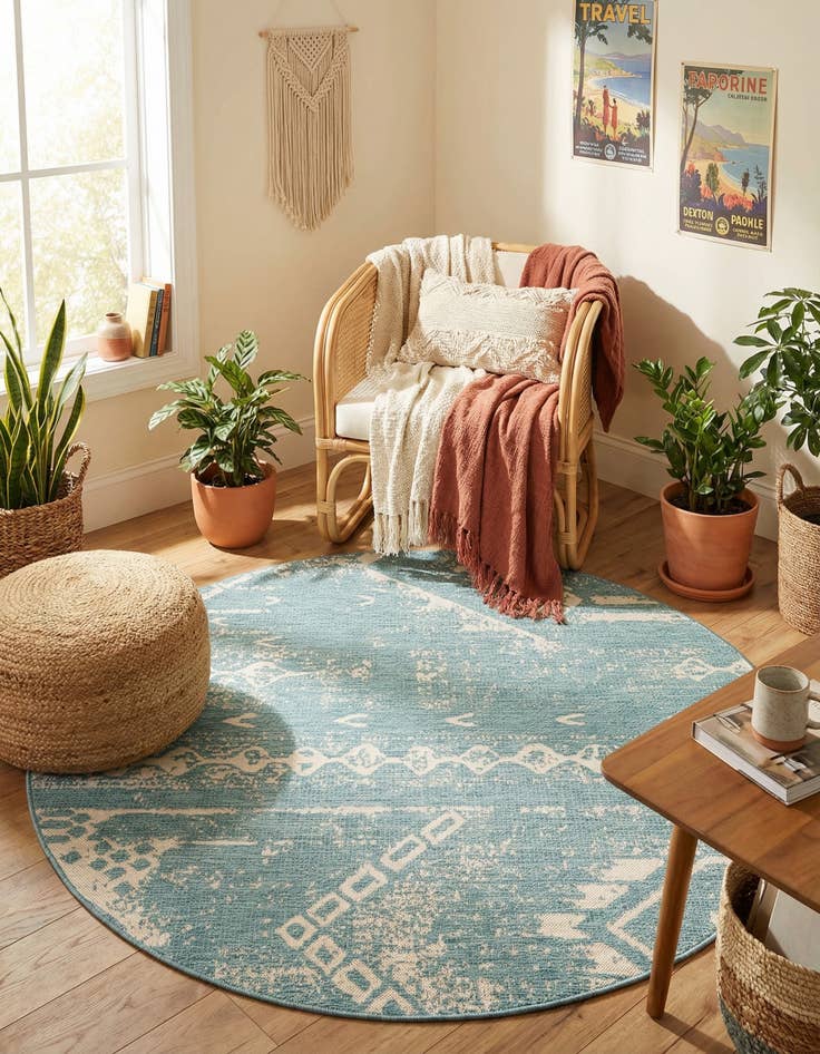 Detail image of 6' x 6'  Washable Bohemian Indoor / Outdoor Round Rug