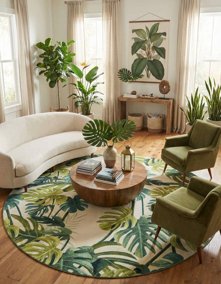 Detail image of 12' x 12'  Washable Botanical Indoor / Outdoor Round Rug