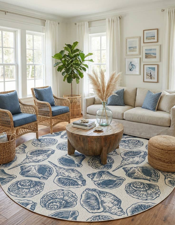 Detail image of 12' x 12'  Washable Coastal Indoor / Outdoor Round Rug