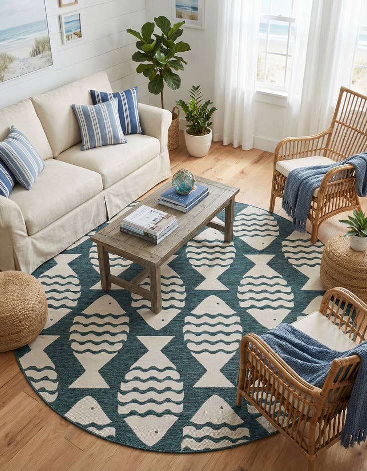 Detail image of 7' 10 x 7' 10  Washable Coastal Indoor / Outdoor Round Rug