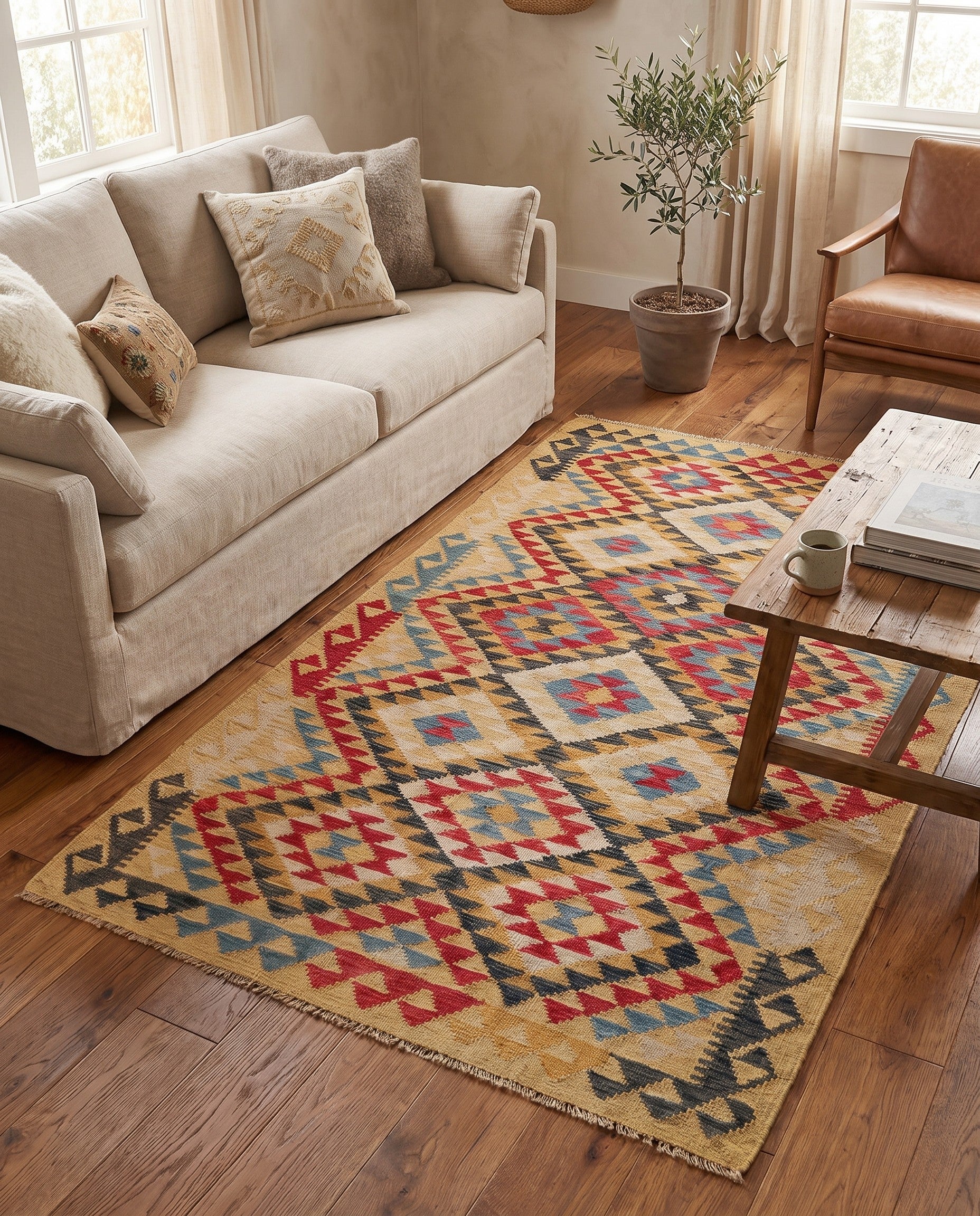 3' 6 x 6' 6 Hand Woven Kilim Maymana Wool Rug