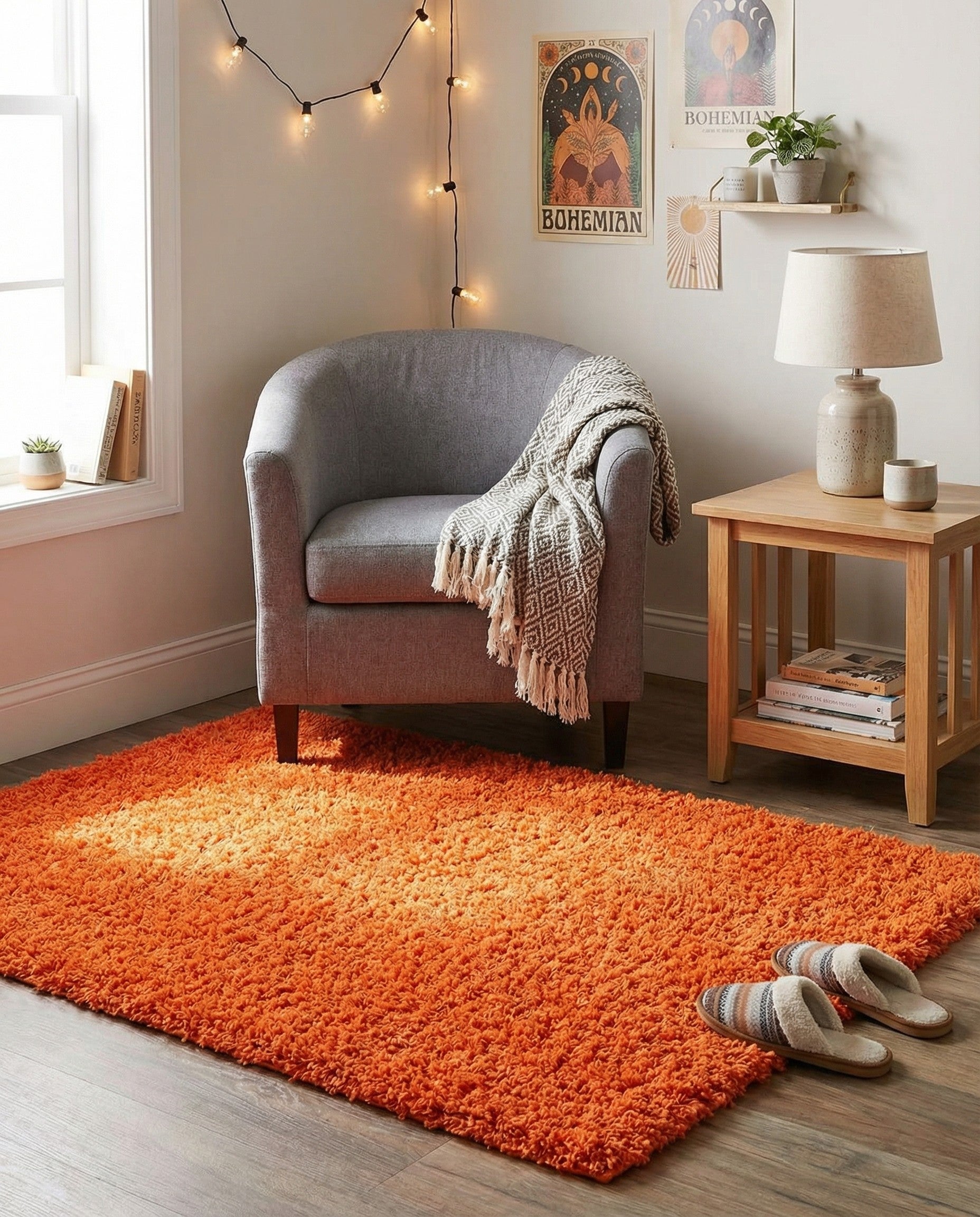 A vibrant orange 2x3 rectangular shag rug with a plush, textured pile, perfect for adding a pop of color indoors.