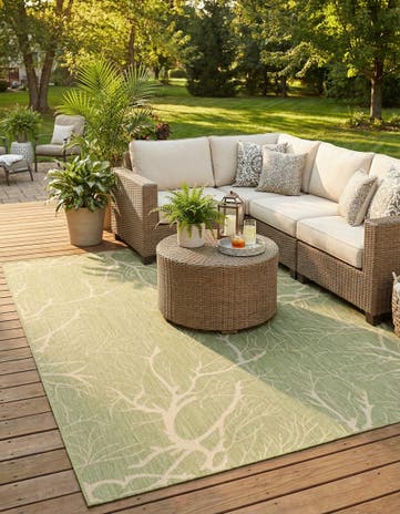 Light Green Easy-Clean Botanical Indoor / Outdoor Rug