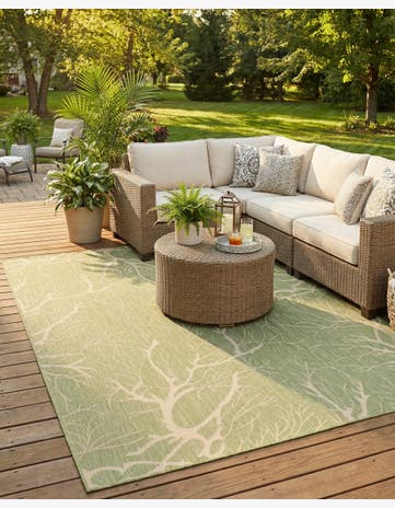 Light Green Easy-Clean Botanical Indoor / Outdoor Rug