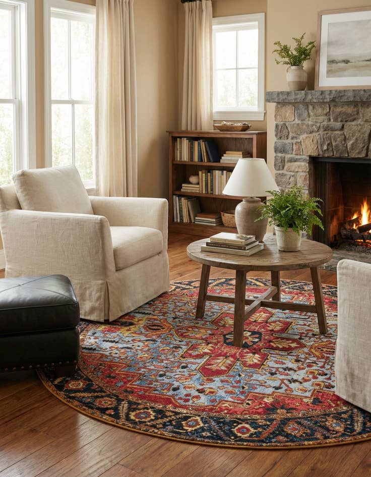 Detail image of 7' 10 x 7' 10 Easy-Clean Traditional Indoor / Outdoor Round Rug