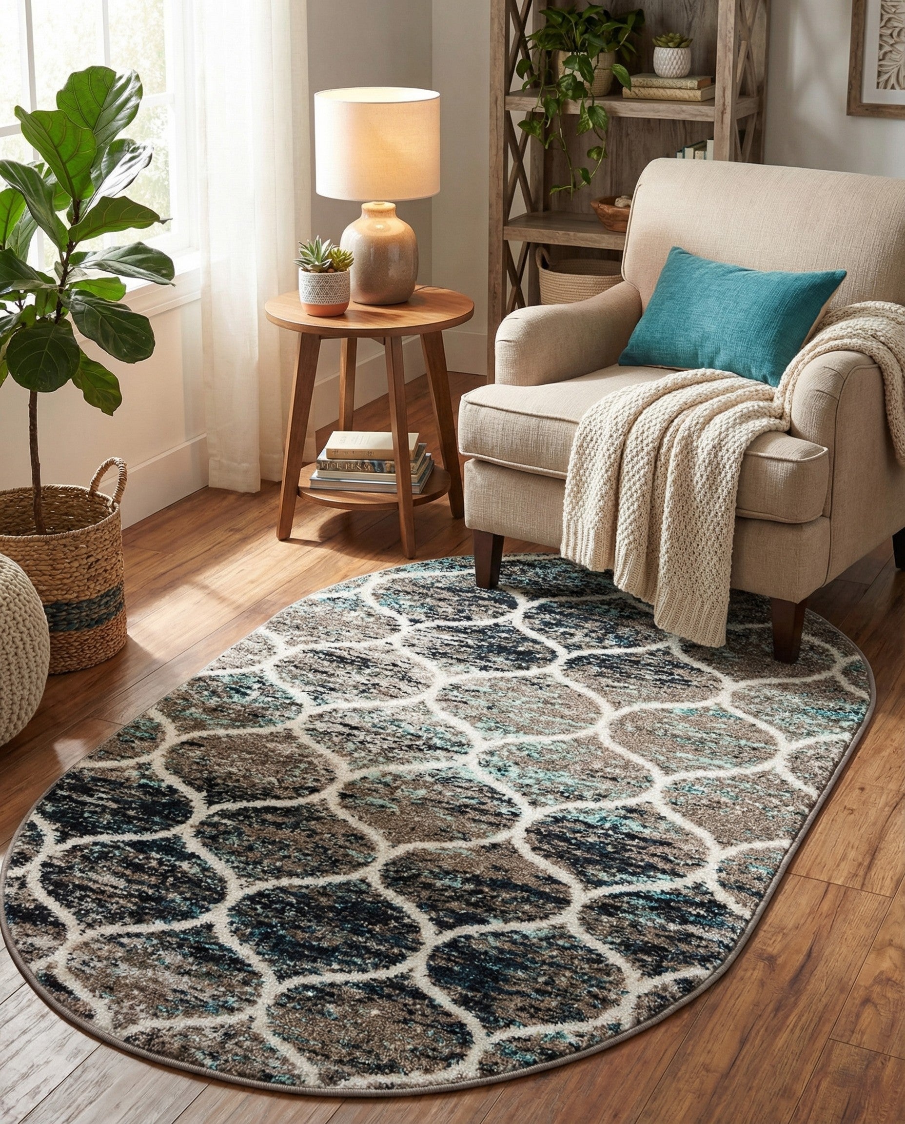 A 3' 0 x 5' 3 oval rug featuring a modern trellis pattern in shades of blue, brown, black, and cream.
