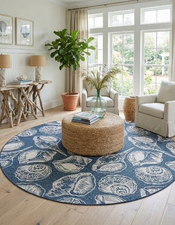 Navy Blue and Ivory Easy-Clean Coastal Indoor / Outdoor Round Rug