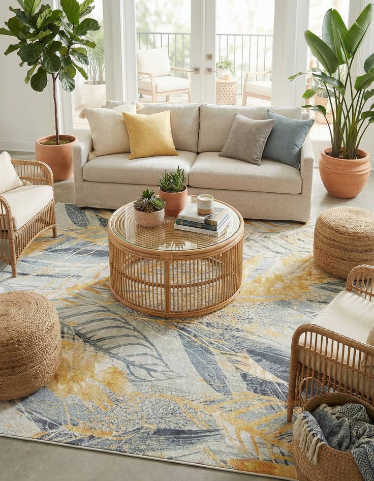 Detail image of 7' 10 x 7' 10  Washable Botanical Indoor / Outdoor Square Rug