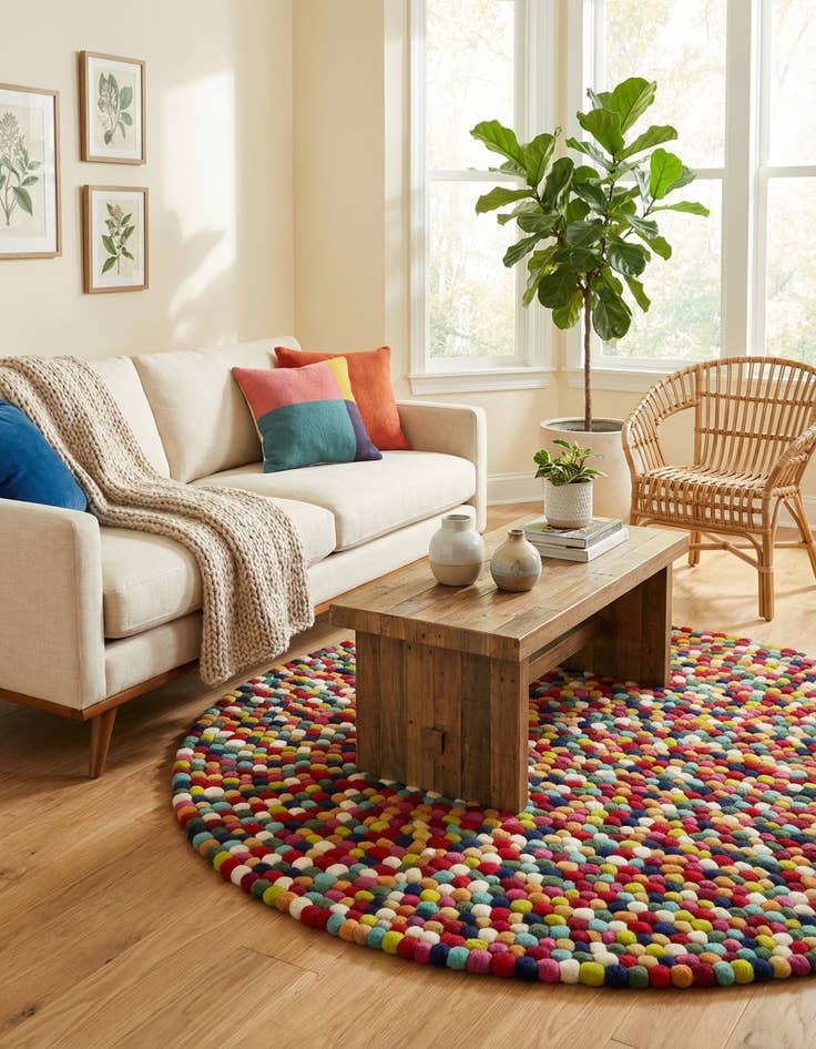 Detail image of 5' x 5' Felt Ball Wool Round Rug