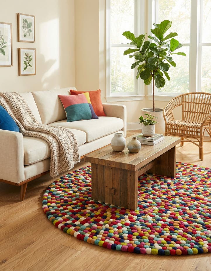 5' x 5' Felt Ball Wool Round Rug