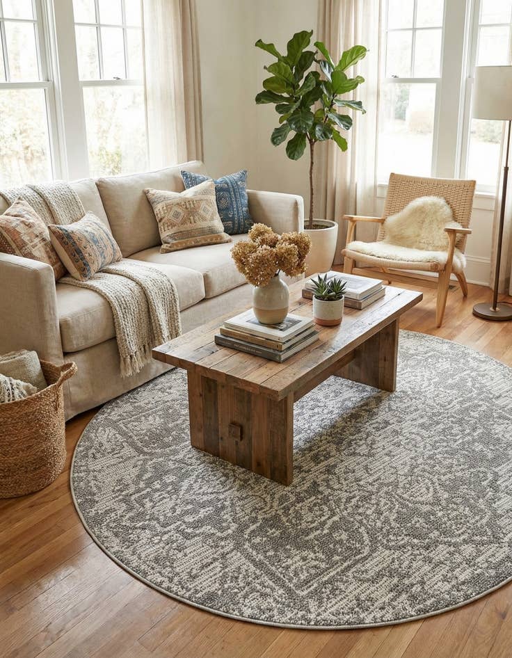 Detail image of 5' 3 x 5' 3  Washable Traditional Indoor / Outdoor Round Rug