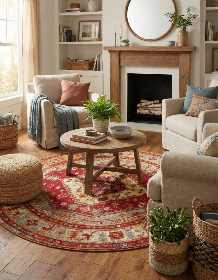 Detail image of 6' x 6' Easy-Clean Traditional Indoor / Outdoor Round Rug