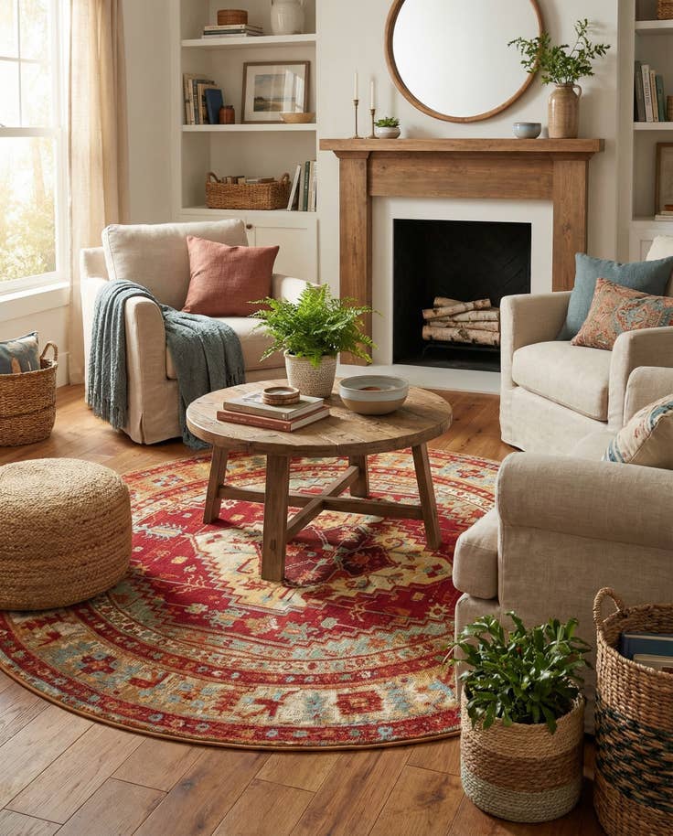 Detail image of 6' x 6' Easy-Clean Traditional Indoor / Outdoor Round Rug
