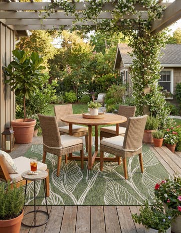 Green Easy-Clean Botanical Indoor / Outdoor Square Rug