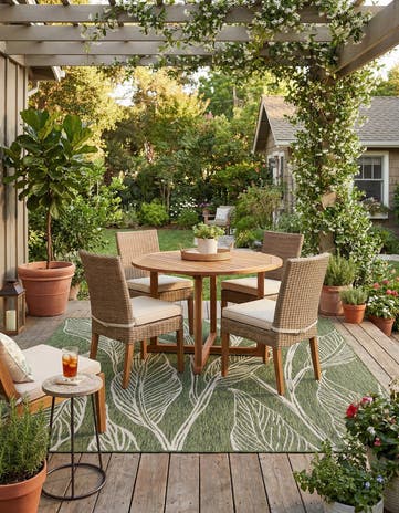 Green Easy-Clean Botanical Indoor / Outdoor Square Rug