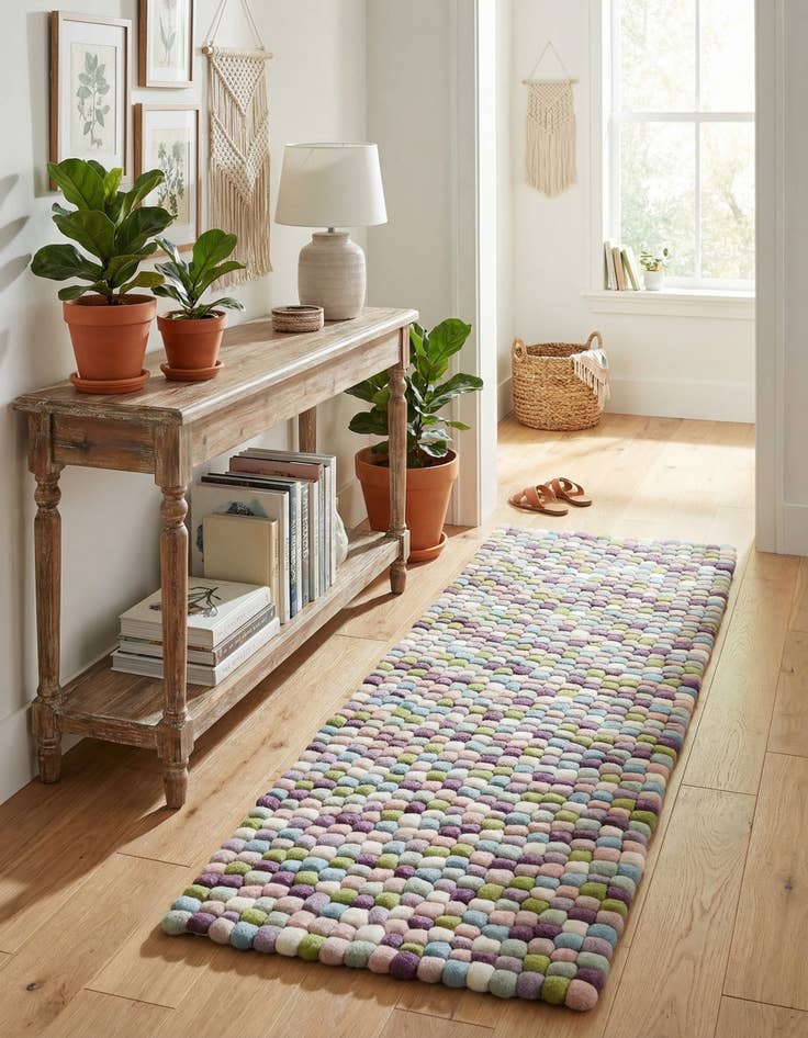 Detail image of  2' x 6' 1  Hand Woven Felt Ball Wool Runner Rug