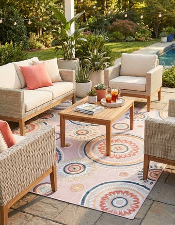 Pink Easy-Clean Botanical Indoor / Outdoor Rug