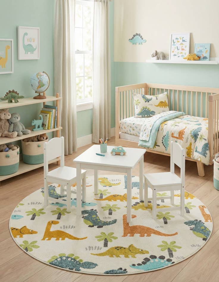 Detail image of 6' 1 x 6' 1 Dinosaur Whimsy Kids Round Rug