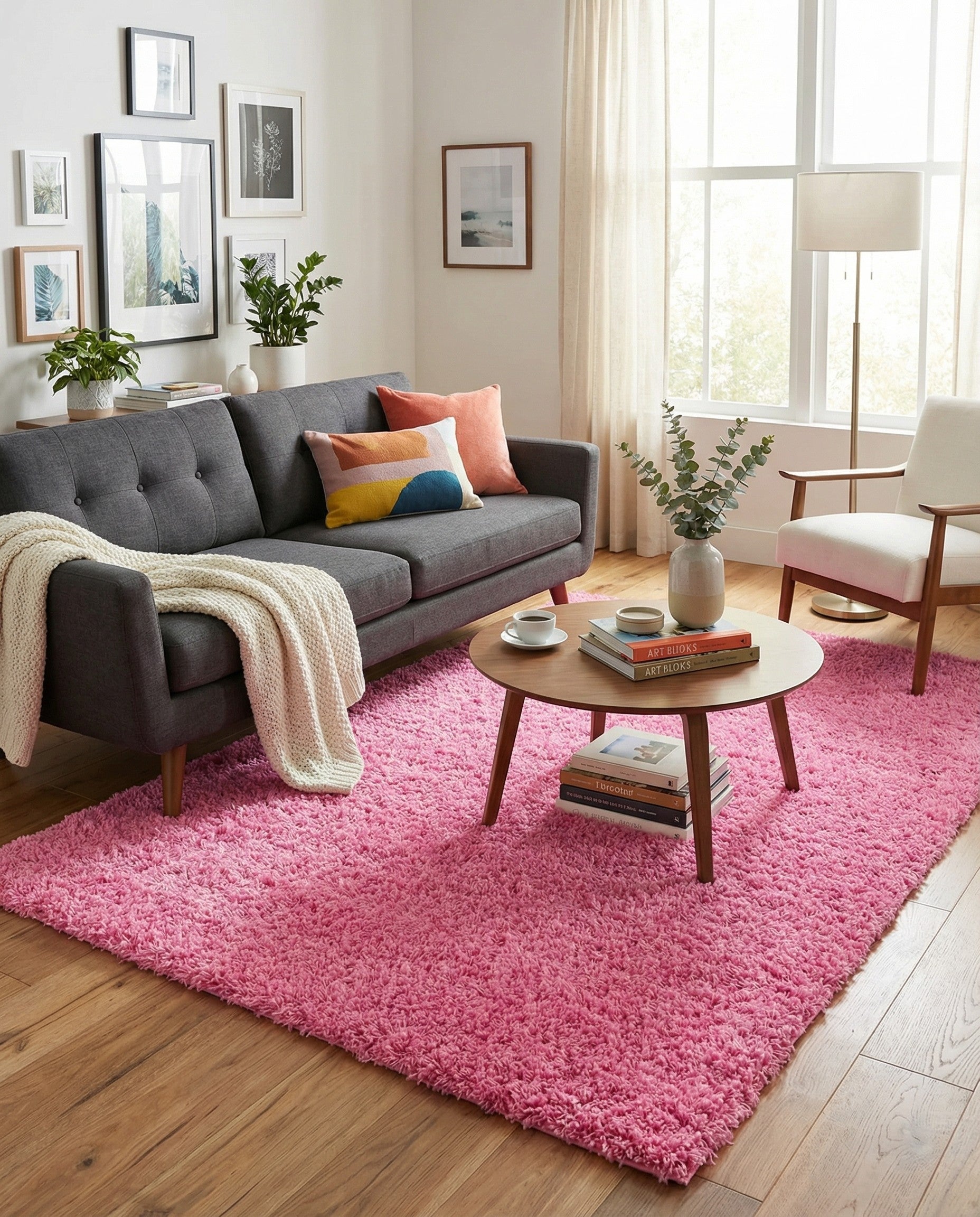 A vibrant 5x8 rectangular pink shag rug with a plush, textured pile, perfect for a modern living room or bedroom.