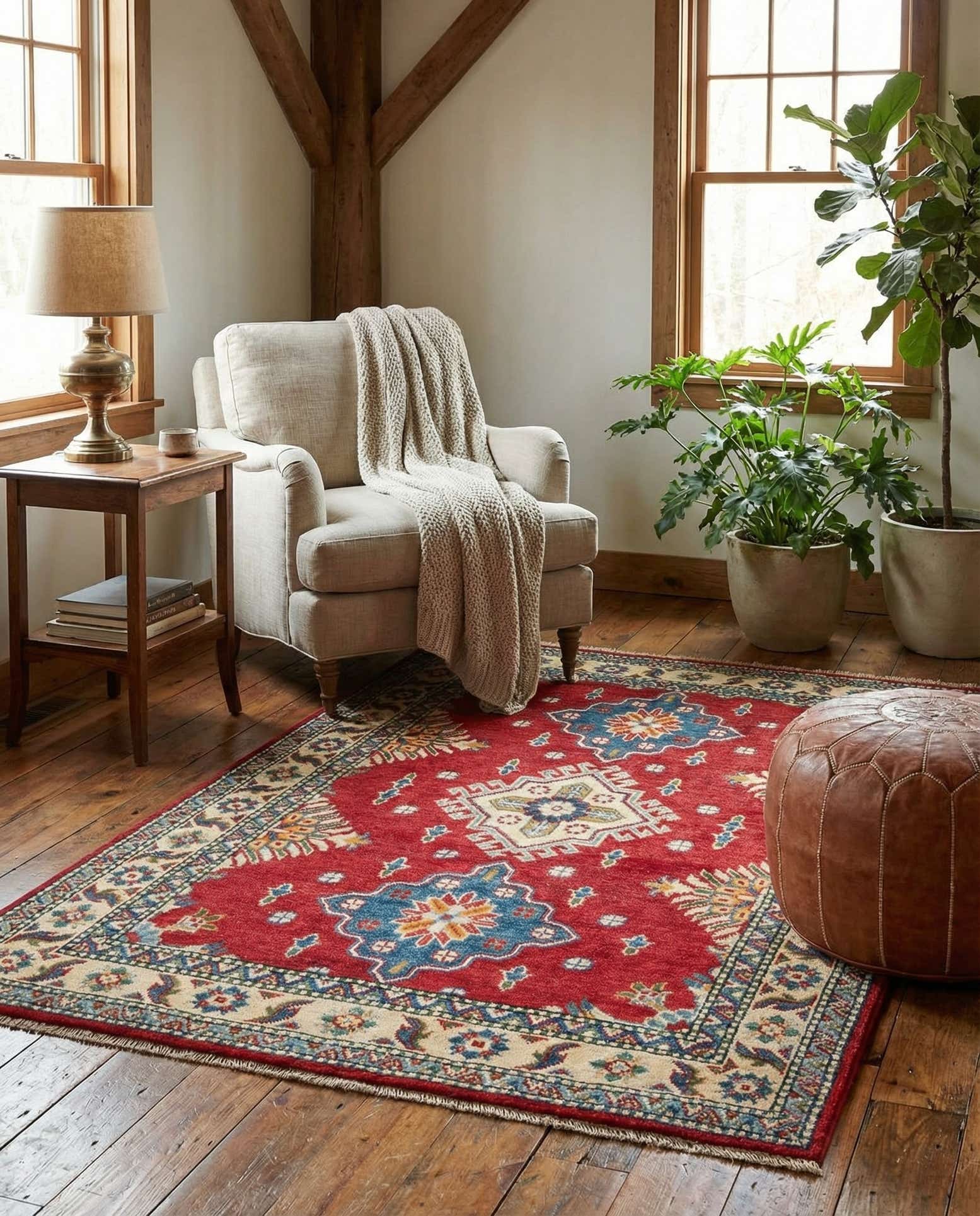 3' 4 x 4' 10 Hand Knotted Kazak Rug