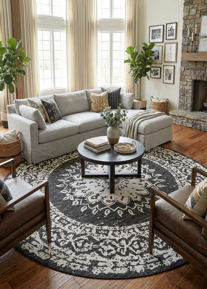 12' x 12' Easy-Clean Traditional Indoor / Outdoor Round Rug