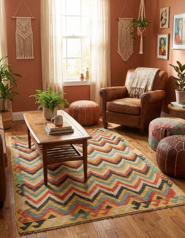 4' 3 x 6' 2 Hand Woven Kilim Maymana Wool Rug