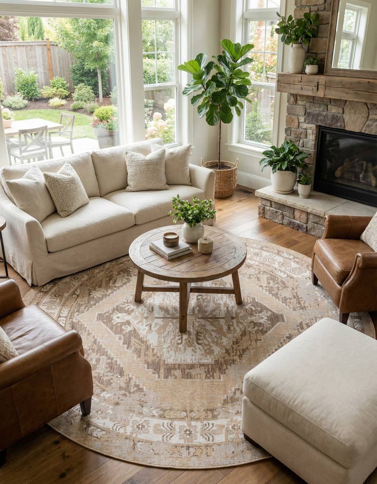 Detail image of 13' x 13' Easy-Clean Traditional Indoor / Outdoor Round Rug
