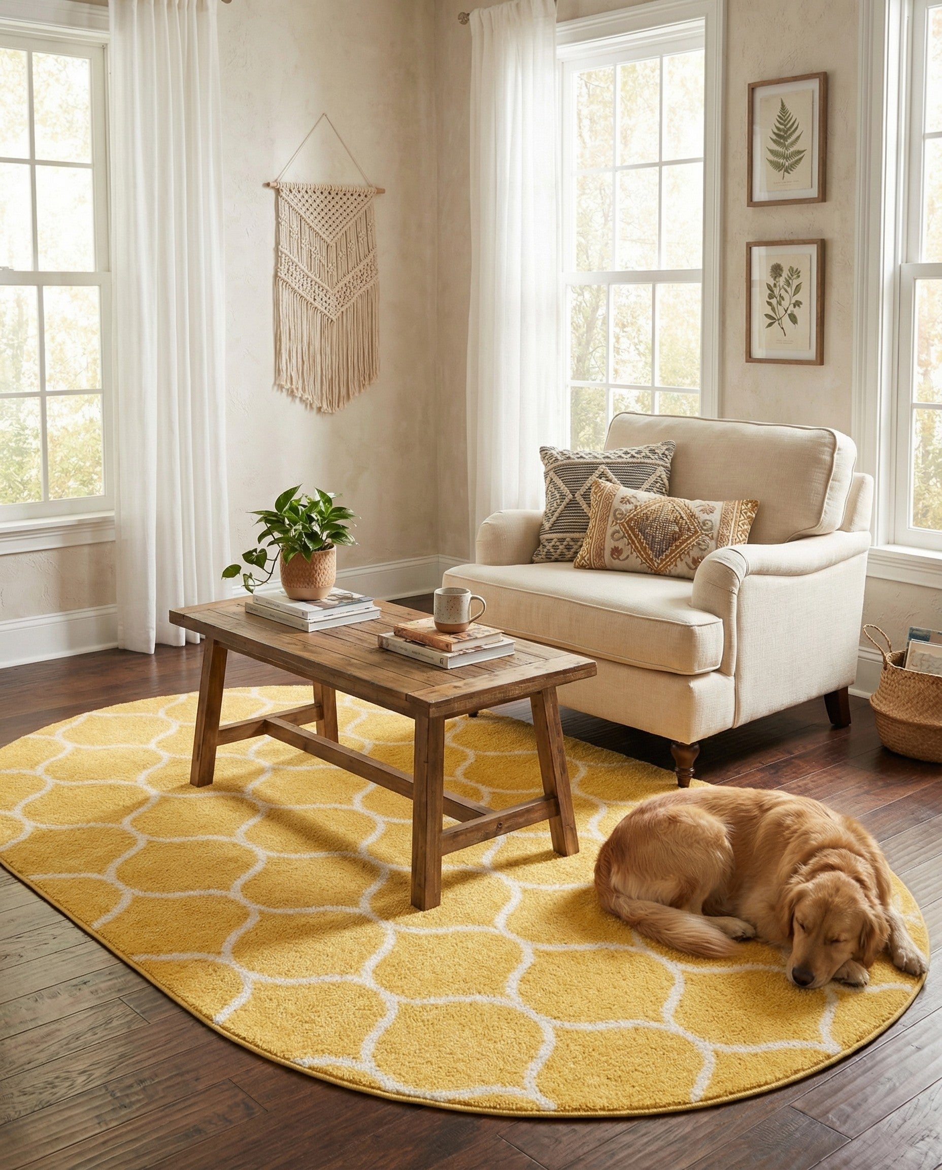 A 5'3" x 8'0" oval yellow rug with a white modern trellis pattern, suitable for indoor spaces.