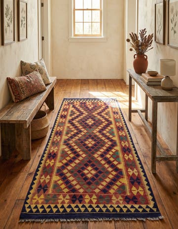3' 4 x 6' 9 Hand Woven Kilim Maymana Wool Runner Rug