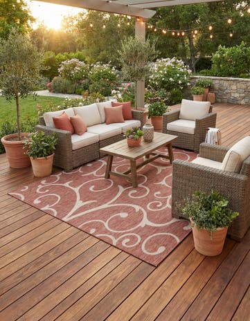 Rust Red Easy-Clean Botanical Indoor / Outdoor Square Rug
