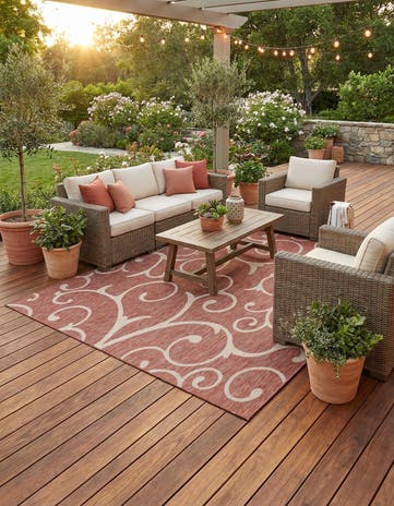 Rust Red Easy-Clean Botanical Indoor / Outdoor Square Rug
