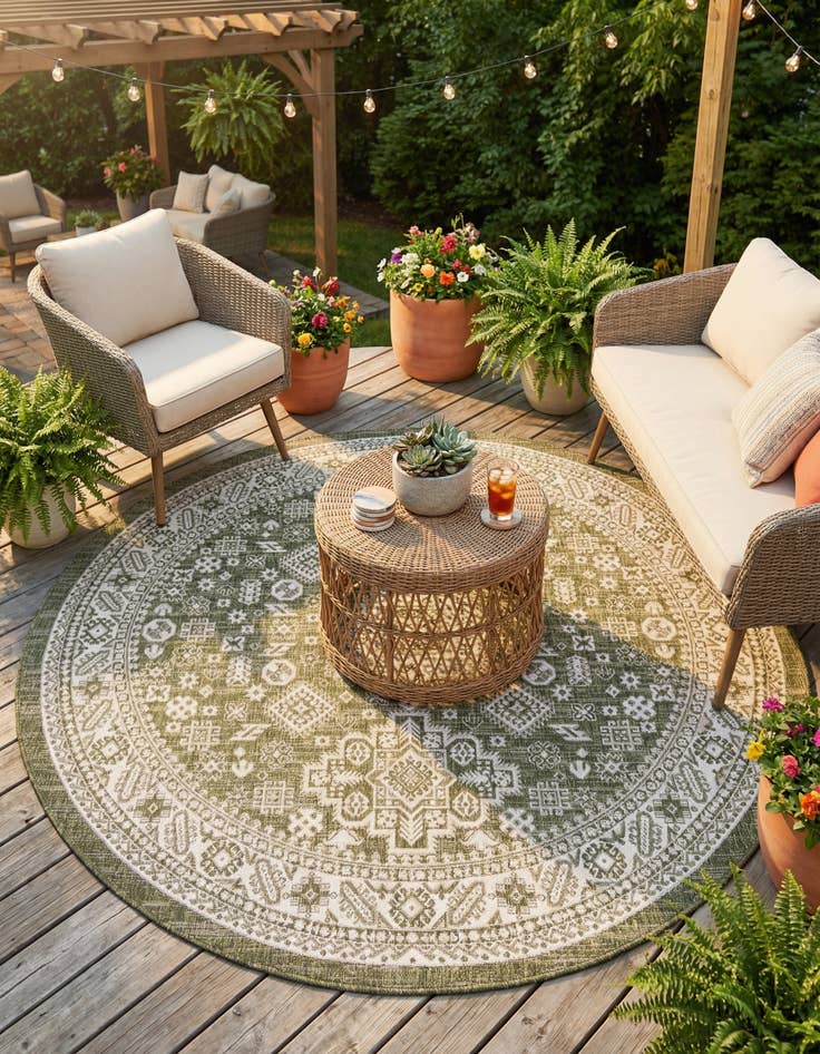 Detail image of  7' 10 x 7' 10  Washable Aztec Indoor / Outdoor Round Rug