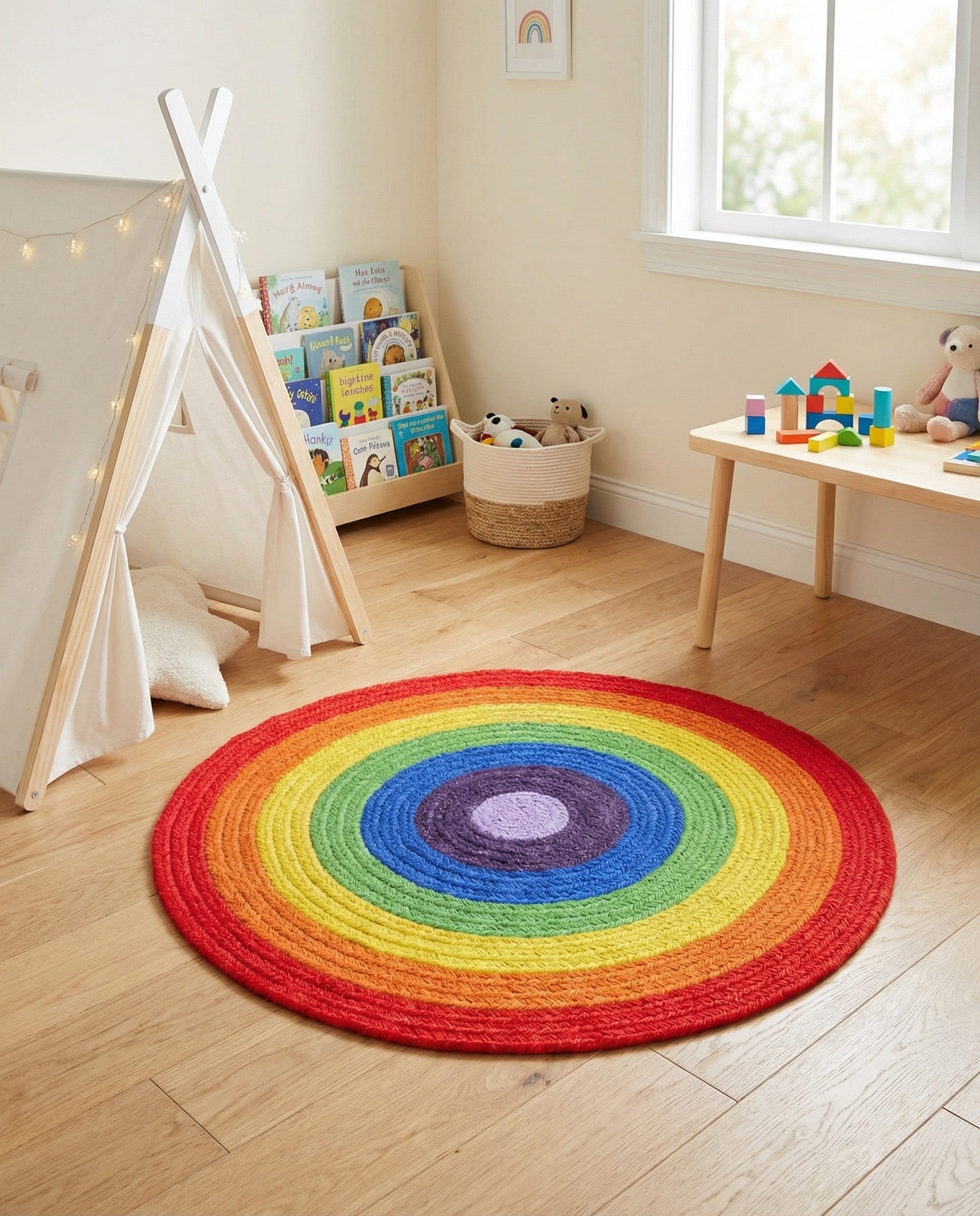 A vibrant 3' 1 x 3' 1 round braided wool rug featuring concentric rainbow colors, from red to purple.