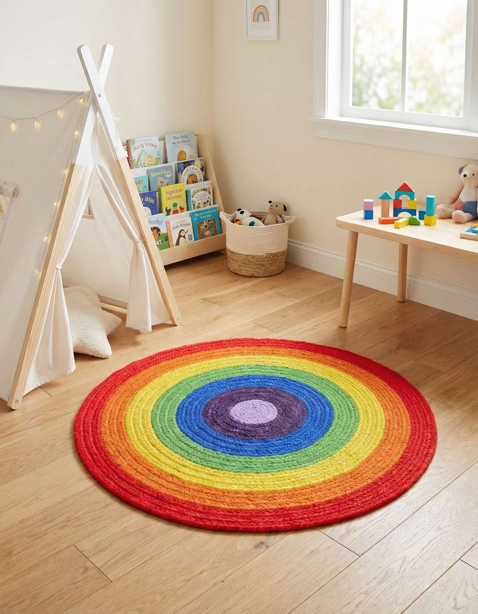 3' 1 x 3' 1 Handmade Hand Braided Rainbow Wool Round Rug