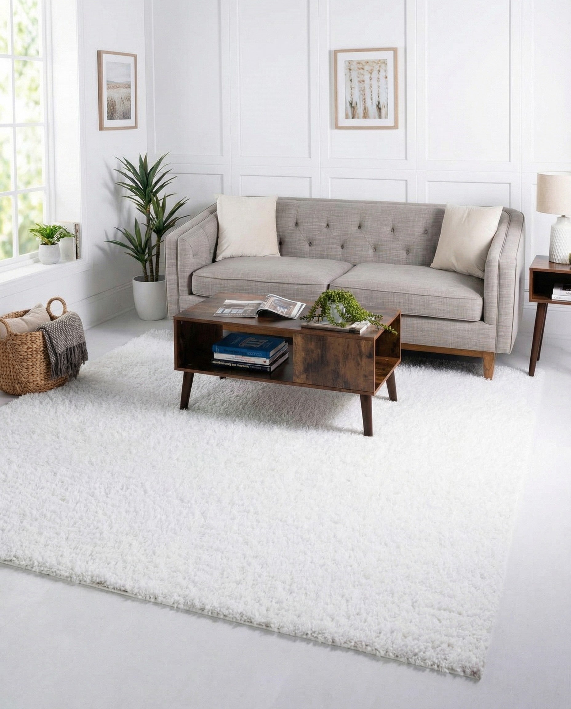 A soft, plush white square shag rug, 5' 3 x 5' 3, showcasing its thick, textured pile.