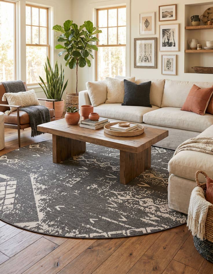 Detail image of 13' x 13'  Washable Bohemian Indoor / Outdoor Round Rug