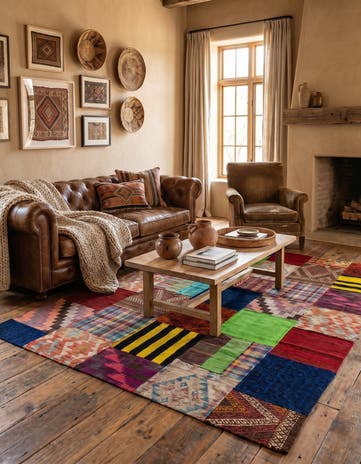 5' 7 x 7' 9 Hand Woven Kilim Patchwork Wool Rug