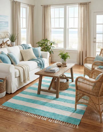 Turquoise and Ivory Hand Woven Chindi Rag Rug