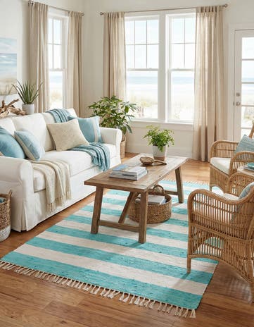 Turquoise and Ivory Hand Woven Chindi Rag Rug
