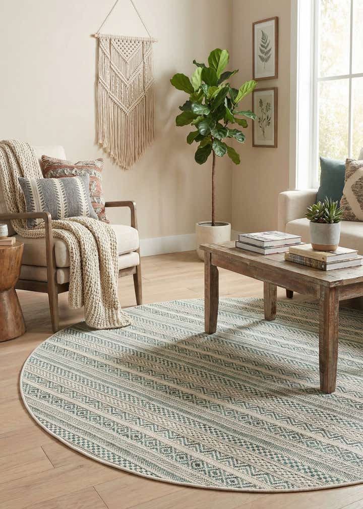 5' 3 x 5' 3 Easy-Clean Striped Indoor / Outdoor Round Rug