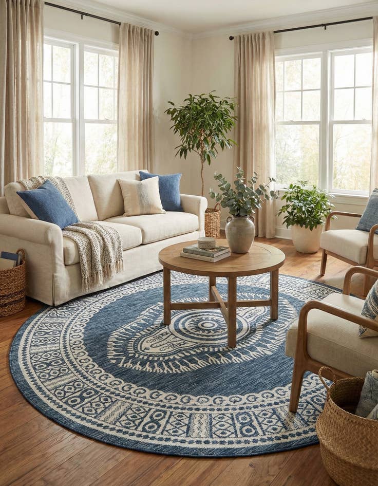 Detail image of 7' 10 x 7' 10  Washable Traditional Indoor / Outdoor Round Rug