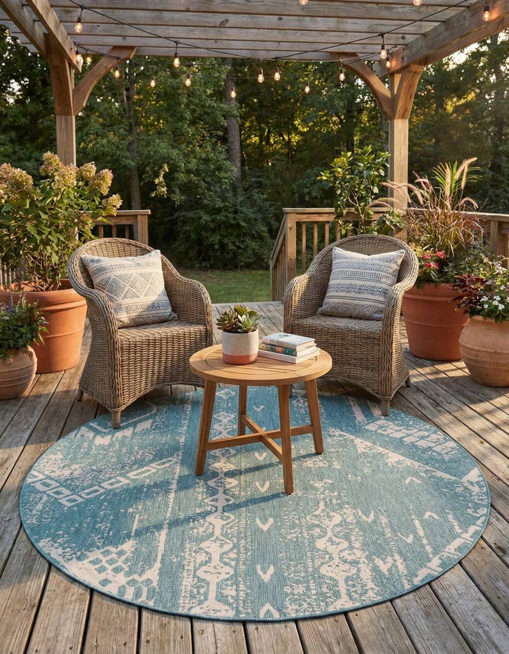 Detail image of 7' 10 x 7' 10 Easy-Clean Bohemian Indoor / Outdoor Round Rug