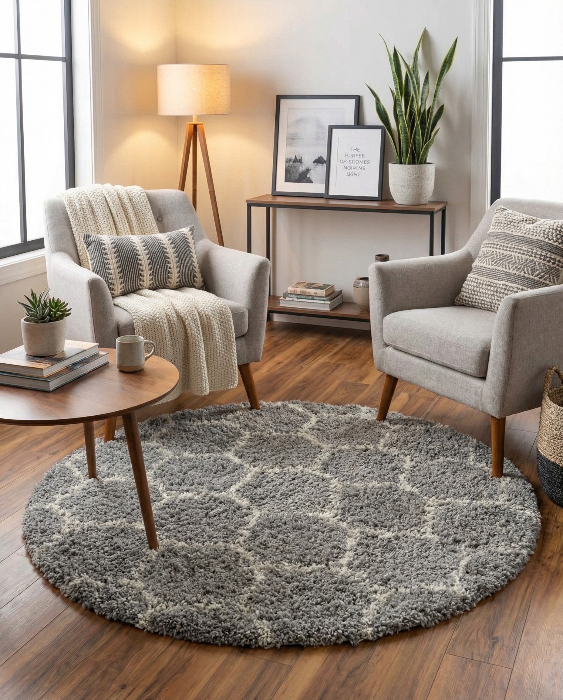 A 5' 3 round gray shag rug with a white modern lattice pattern, suitable for a living room or bedroom.