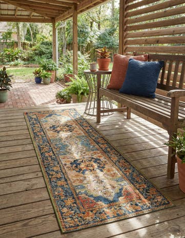 Navy Blue and Rust Red Easy-Clean Traditional Indoor / Outdoor Runner Rug
