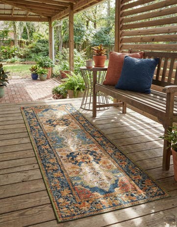 Navy Blue and Rust Red Easy-Clean Traditional Indoor / Outdoor Runner Rug