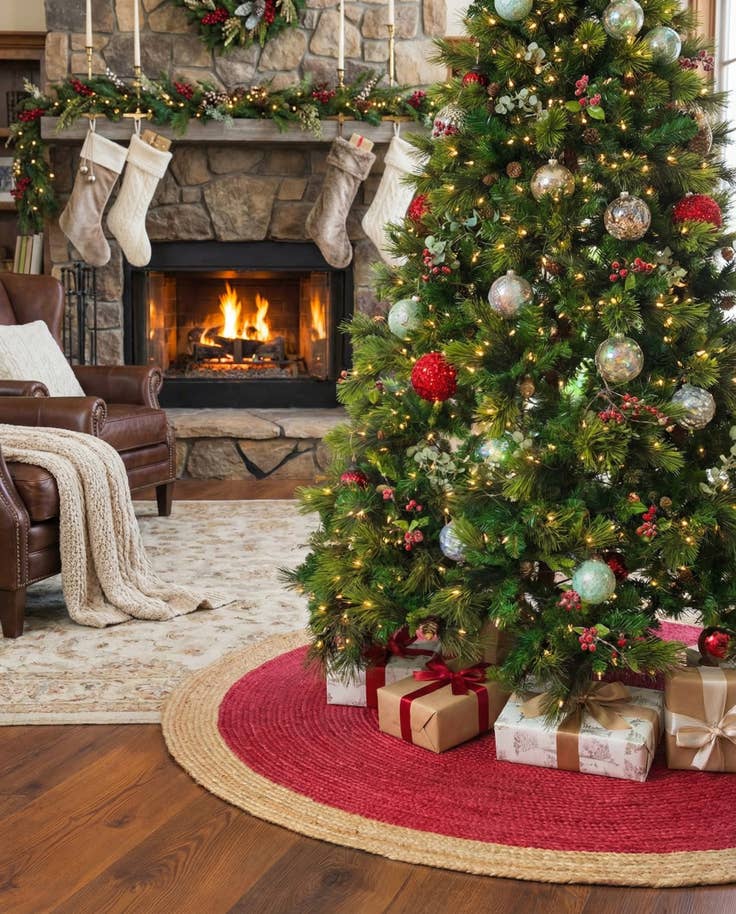Detail image of 6' 1 x 6' 1 Hand Braided Christmas Tree Skirt