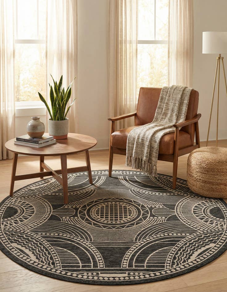 Detail image of 7' 10 x 7' 10 Easy-Clean Traditional Indoor / Outdoor Round Rug