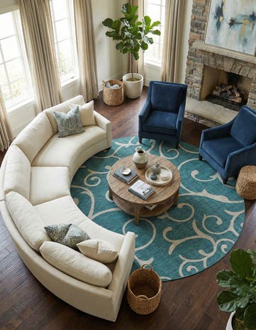 Teal Easy-Clean Botanical Indoor / Outdoor Round Rug