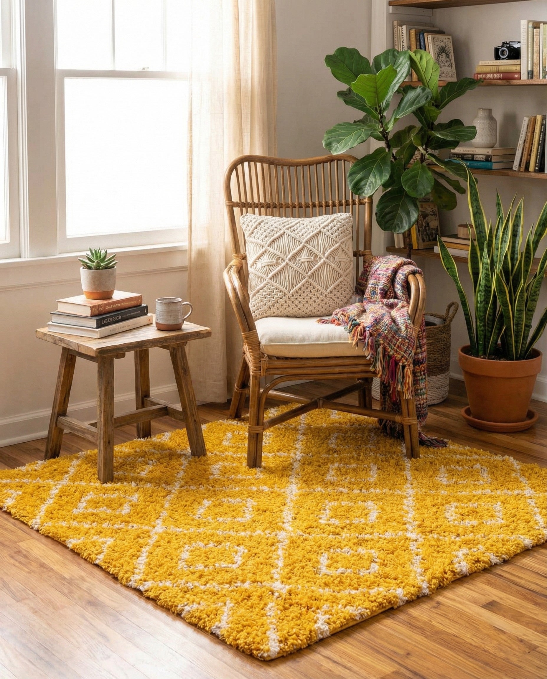 A vibrant yellow and white square shag rug with a modern geometric lattice pattern, featuring a textured high/low pile.