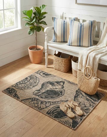 Brown and Black Easy-Clean Coastal Indoor / Outdoor Rug